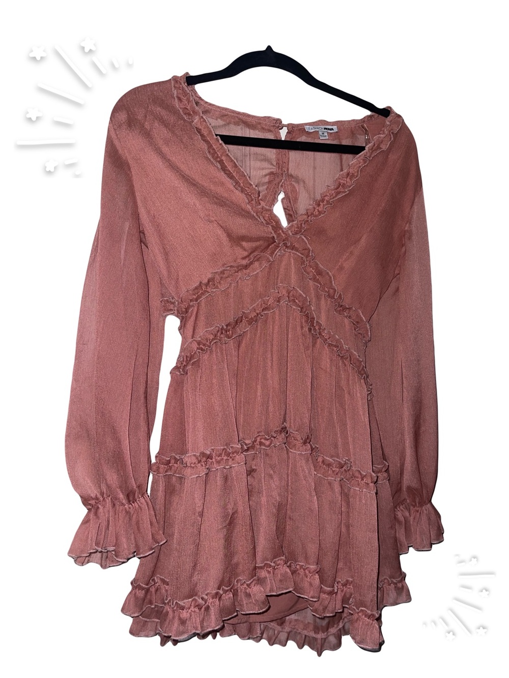 Fashion Nova Dusty Rose Ruffle Tiered Long Sleeve Dress